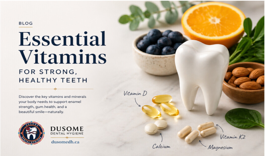 Essential vitamins for strong healthy teeth infographic showing Vitamin D calcium Vitamin C K2 and magnesium with foods and tooth model Dusome Dental Hygiene dusomedh.ca